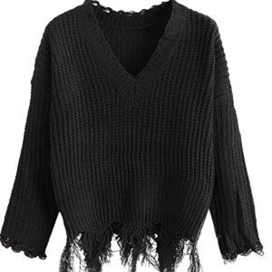 Women's Solid V Neck Loose Sweater Long Sleeve